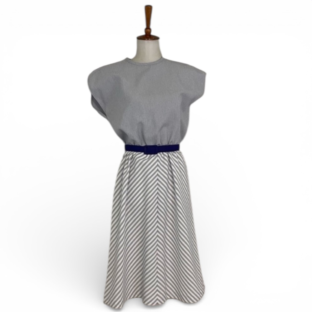Vintage 70s Dress Women’s M Stripe Cap Dolman Sleeve A-Lime Blouson Midi